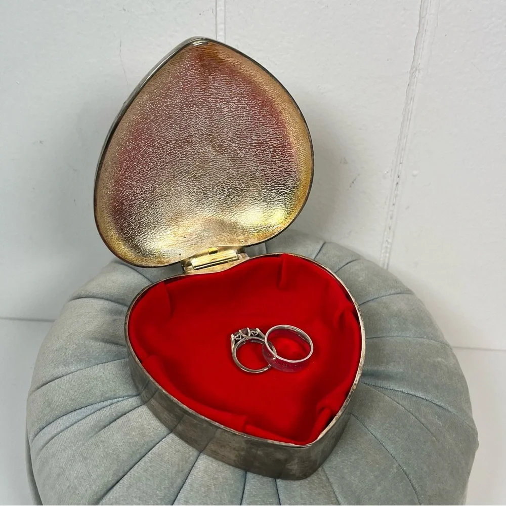 Vintage Silver/Gold Velvet Lined Heart-Shaped Trinket Box Jewelry Box Bow Detail